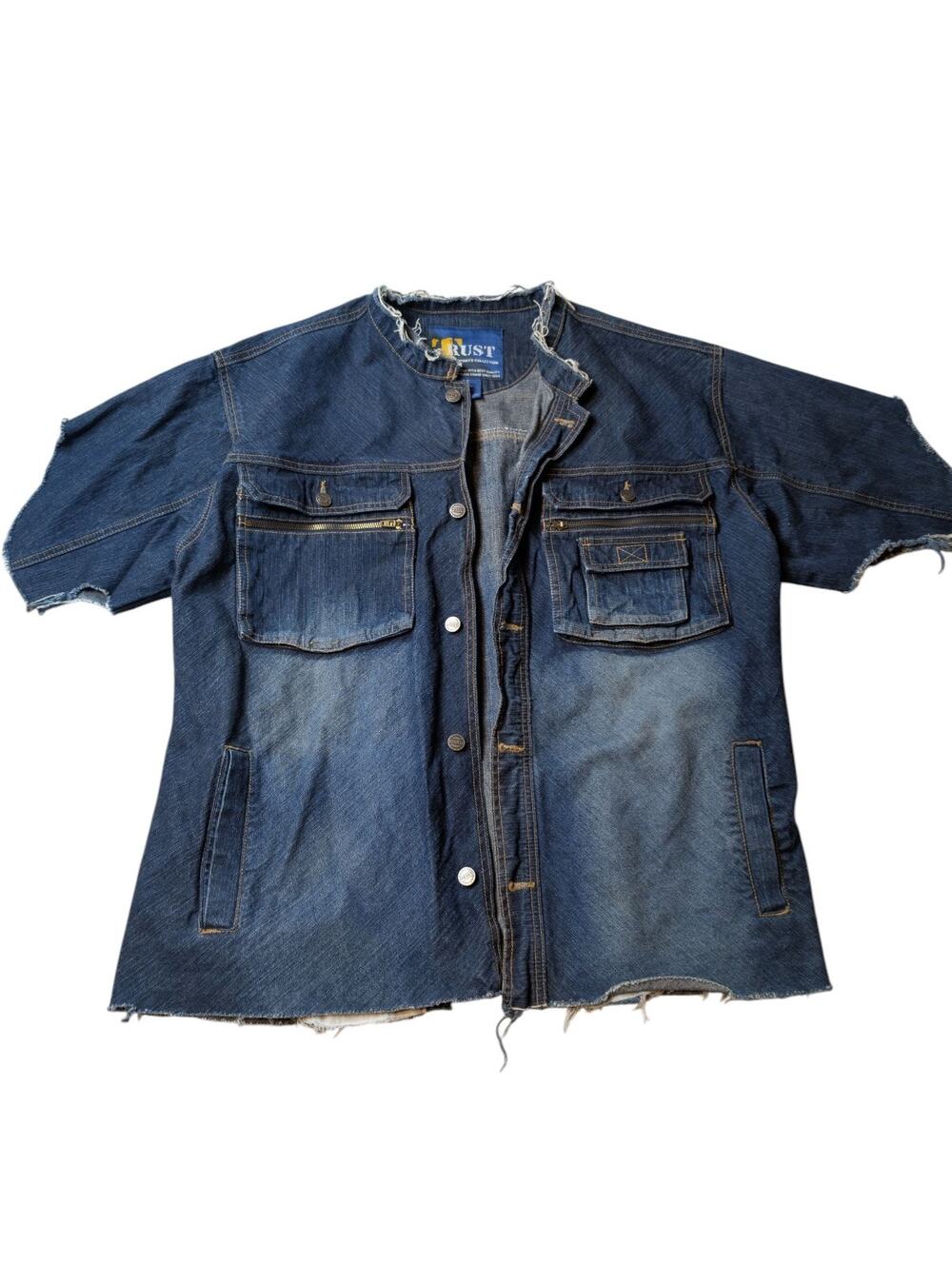VTG Y2K Trust Sport Collection Denim Jacket L Raw Hem Cargo Pockets Cut Off